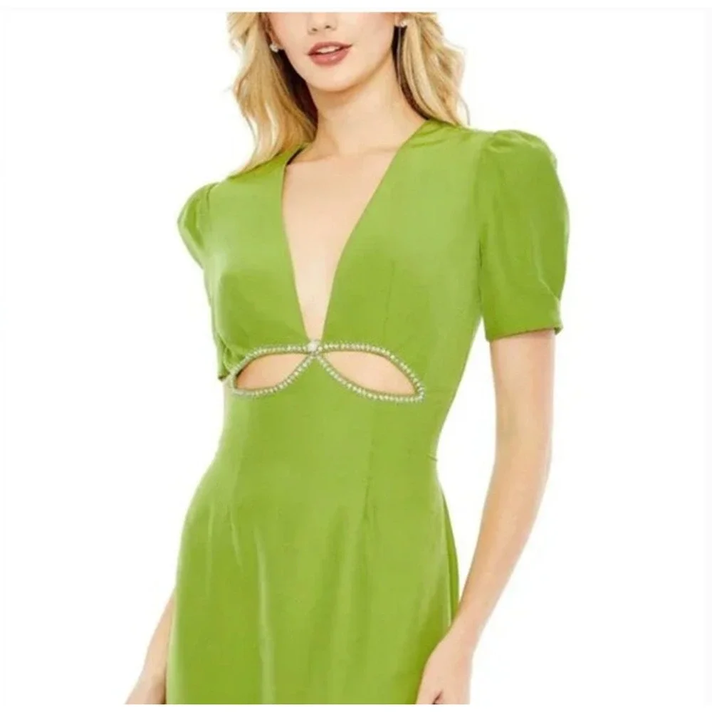 NWT Ieena Mac Duggal‎ Plunge Neck Puff Sleeve Cut Out Gown Green Apple 2630 Sz 4 - Picture 3 of 7